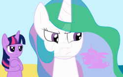 Size: 1024x640 | Tagged: safe, artist:deaththeponyse, princess celestia, twilight sparkle, alicorn, pony, unicorn, g4, celestia is not amused, maui, mini maui, moana, parody, scene parody, twilight sparkle is not amused, unamused, watermark