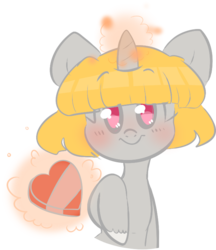 Size: 656x758 | Tagged: safe, artist:pondee, oc, oc only, oc:candycorn, pony, unicorn, candy, chocolate, food, gift giving, levitation, looking at you, magic, simple background, solo, telekinesis, transparent background