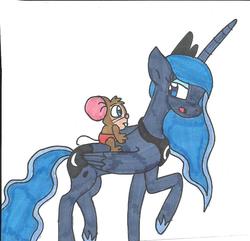 Size: 949x915 | Tagged: safe, artist:cmara, princess luna, alicorn, mouse, pony, g4, an american tail, baby, crossover, diaper, don bluth, fievel mousekewitz, raised hoof, simple background, traditional art, younger