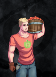 Size: 2500x3390 | Tagged: safe, artist:inowiseei, big macintosh, smarty pants, human, g4, apple, basket, clothes, gloves, high res, humanized, jeans, male, muscles, pants, shirt, solo, straw, t-shirt