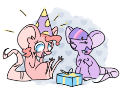 Size: 1000x771 | Tagged: safe, artist:adequality, artist:nobody, pinkie pie, twilight sparkle, mouse, g4, cute, happy, hat, mousified, open mouth, party hat, present, simple background, smiling, species swap, surprised, transparent background, twiabetes