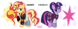 Size: 4883x1842 | Tagged: safe, artist:meganlovesangrybirds, sci-twi, sunset shimmer, twilight sparkle, pony, unicorn, equestria girls, g4, harry nguyen, naming, text