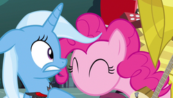Size: 1280x720 | Tagged: safe, screencap, pinkie pie, trixie, pony, g4, magic duel, eyes closed, floppy ears, no mouth, no nose, one pony band, one-mare band, one-pony band
