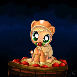 Size: 3000x3000 | Tagged: safe, artist:shogundun, applejack, g4, apple, barrel, clothes, cute, female, filly, filly applejack, foal, food, freckles, hay, high res, hoodie, jackabetes, pacifier, shogundun is trying to murder us, signature, solo, that pony sure does love apples, weapons-grade cute, younger