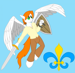 Size: 1247x1200 | Tagged: safe, artist:argustheseer, oc, oc only, oc:aecris, pegasus, anthro, unguligrade anthro, anthro oc, blue background, explicit source, fantasy class, knight, shield, simple background, solo, sword, warrior, weapon