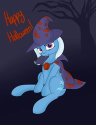 Size: 2000x2600 | Tagged: safe, artist:chamberofsnejwitz, trixie, pony, unicorn, g4, female, gradient background, halloween, high res, looking at you, mare, sitting, smug, solo, text, tree