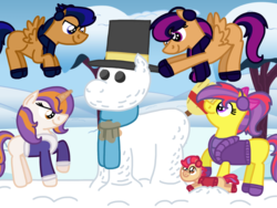 Size: 2048x1536 | Tagged: safe, artist:kindheart525, oc, oc only, oc:allegro jazz, oc:diamond mine, oc:motocross, oc:pippin rose, oc:thunderclap, pony, kindverse, baby, baby pony, clothes, earmuffs, flying, magic, offspring, parent:apple bloom, parent:button mash, parent:rumble, parent:scootaloo, parent:sweetie belle, parent:tender taps, parents:rumbloo, parents:sweetiemash, parents:tenderbloom, scarf, snow, snowpony, telekinesis, winter outfit