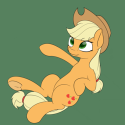 Size: 2000x2000 | Tagged: safe, artist:chamberofsnejwitz, applejack, earth pony, pony, g4, female, green background, high res, leaning, pointing, simple background, solo, underhoof