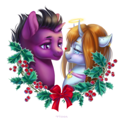Size: 1024x1024 | Tagged: safe, artist:purpletigra, oc, oc only, pony, unicorn, duo, halo, holly, holly mistaken for mistletoe, male, oc x oc, shipping, simple background, straight, transparent background, wreath