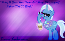 Size: 2560x1600 | Tagged: safe, artist:slb94, trixie, pony, unicorn, g4, abstract background, clothes, coffee, female, frown, glare, glasses, hipster, levitation, lidded eyes, magic, mare, open mouth, scarf, solo, telekinesis, text, wallpaper