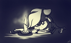 Size: 2000x1200 | Tagged: safe, artist:freeedon, fluttershy, g4, blanket, book, candle, crying, female, monochrome, solo