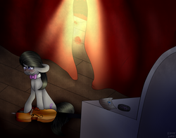 Size: 1024x805 | Tagged: safe, artist:fizzy2014, octavia melody, g4, bowtie, cello, crying, curtains, female, musical instrument, solo