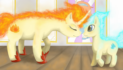 Size: 700x400 | Tagged: safe, artist:denkis, pony, ponyta, rapidash, duo, mane of fire, pokémon, ponified