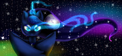 Size: 1024x473 | Tagged: safe, artist:pirateenderfox, princess luna, pony, g4, female, glowing eyes, moon, night, night sky, solo