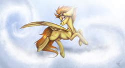 Size: 2560x1406 | Tagged: safe, artist:michyfactory, spitfire, pony, g4, female, flying, sky, solo