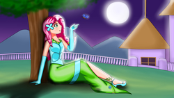 Size: 4160x2340 | Tagged: safe, artist:focusb, fluttershy, butterfly, human, g4, clothes, dress, evening gloves, fanart, gala dress, gloves, high res, humanized, moon, night, scenery