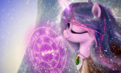 Size: 2000x1200 | Tagged: safe, artist:plotcore, twilight sparkle, g4, clothes, female, loose hair, magic, magic circle, one eye closed, solo