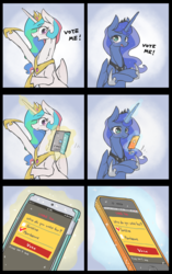 Size: 1280x2037 | Tagged: safe, artist:toki, princess celestia, princess luna, alicorn, pony, g4, comic, cute, cutelestia, duo, glowing, glowing horn, heartwarming, horn, lunabetes, magic, phone, royal sisters, smartphone, tablet, telekinesis