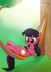 Size: 2481x3507 | Tagged: safe, artist:doublewbrothers, oc, oc only, oc:macdolia, earth pony, pony, hammock, high res, nintendo switch, pigtails, solo, tree