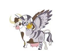 Size: 1057x793 | Tagged: source needed, useless source url, safe, artist:theunknowenone1, daisy jo, zecora, alicorn, cow, pony, zebra, g4, conjoined, fusion, horn, horns, mega evolution, multiple heads, pokémon, simple background, two heads, udder, wat, white background, wings, zebrow
