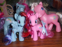 Size: 4000x3000 | Tagged: safe, artist:iloveyaoi84, pinkie pie, pinkie pie (g3), rainbow dash, rainbow dash (g3), earth pony, pegasus, pony, g3, g4, bow, brushable, female, generational ponidox, high res, irl, lesbian, mare, photo, ship:pinkiedash, ship:rainbowpie, shipping, smiling, spread wings, tail bow, toy, wings