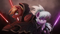 Size: 4000x2250 | Tagged: safe, artist:ncmares, cloudchaser, oc, oc:neostrike, pegasus, pony, g4, cloak, clothes, commission, crossover, duo, jedi, lightsaber, neochaser, sith, star wars, weapon