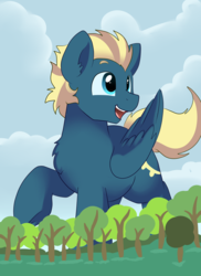 Size: 1920x2642 | Tagged: safe, artist:pridark, oc, oc only, oc:ocean serenity, pegasus, pony, commission, cute, forest, giant pony, macro, male, open mouth, raised hoof, solo, stallion, underhoof