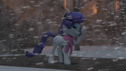 Size: 1024x576 | Tagged: safe, artist:oc1024, rarity, g4, 3d, castle, clothes, cold, scarf, snow, snowfall, source filmmaker