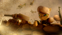 Size: 1920x1080 | Tagged: safe, artist:flutterdaz, apple bloom, applejack, g4, 3d, aircraft, danger, dogfight, gun, plane, rifle, sandbags, sign, source filmmaker, tank (vehicle), war, weapon