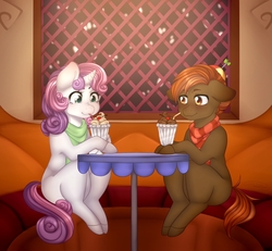 Size: 1300x1200 | Tagged: safe, artist:rainbowhitter, button mash, sweetie belle, pony, g4, bandana, date, duo, floppy ears, male, milkshake, nose wrinkle, ship:sweetiemash, shipping, sitting, straight, table