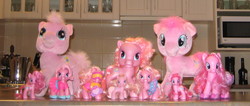 Size: 2391x1017 | Tagged: safe, artist:cheerbearsfan, pinkie pie, pinkie pie (g3), g3, g3.5, g4, brushable, fashion style, generational ponidox, irl, mcdonald's, mcdonald's happy meal toys, multeity, photo, too much pink energy is dangerous, too much pink energy is dangerous in g3, toy