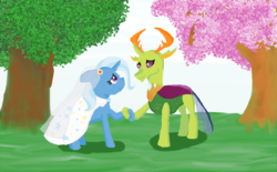 Size: 995x617 | Tagged: safe, artist:eulicious, thorax, trixie, changedling, changeling, pony, unicorn, g4, to where and back again, clothes, dress, eye contact, female, floppy ears, holding hooves, king thorax, lidded eyes, looking at each other, male, mare, marriage, shipping, smiling, straight, thoraxie, tree, veil, wedding, wedding dress