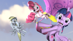 Size: 1280x720 | Tagged: safe, artist:sugarcube-cake, derpy hooves, pinkie pie, twilight sparkle, alicorn, pony, g4, 3d, cloud, hot air balloon, oh shi, random, sky, source filmmaker, twilight sparkle (alicorn), twinkling balloon