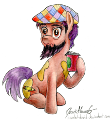 Size: 1540x1686 | Tagged: safe, artist:invalid-david, oc, oc only, oc:blue impasto, earth pony, pony, 2017 community collab, derpibooru community collaboration, beard, coffee, facial hair, fluffy, frown, hat, hoof hold, paint, simple background, sitting, solo, traditional art, transparent background, watercolor painting