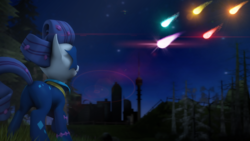 Size: 1920x1080 | Tagged: safe, artist:redaceofspades, radiance, rarity, pony, g4, power ponies (episode), 3d, burning bright, city, clothes, colored, costume, female, looking up, night, poster, power ponies, reference, shooting star, solo, source filmmaker