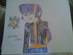 Size: 2048x1536 | Tagged: safe, artist:britishgirl2012, oc, oc only, oc:summer dawn, human, clothes, crayon drawing, crossover, cutie mark, human coloration, humanized, jacket, magical lesbian spawn, next generation, offspring, parent:sci-twi, parent:sunset shimmer, parent:twilight sparkle, parents:scitwishimmer, parents:sunsetsparkle, simple background, solo, total drama, traditional art