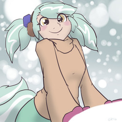 Size: 1200x1200 | Tagged: safe, artist:moronsonofboron, oc, oc only, oc:hope, satyr, clothes, earmuffs, offspring, parent:lyra heartstrings, shirt, smiling, snow, solo, winter