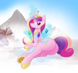 Size: 3000x2823 | Tagged: safe, artist:b-epon, princess cadance, pony, g4, butt, crystal, female, high res, levitation, looking at you, looking back, lovebutt, magic, mare, on side, plot, smiling, snow, snowfall, solo, telekinesis, tundra