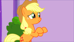 Size: 1000x563 | Tagged: safe, edit, edited screencap, screencap, applejack, earth pony, pony, applejack's "day" off, g4, air quotes, animated, bipedal, cowboy hat, female, frufru, gif, hat, implying, mare, ponyville spa, smiling, solo, stetson