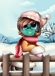 Size: 2550x3509 | Tagged: safe, artist:pridark, oc, oc only, pony, beanie, bipedal, clothes, commission, fence, hat, high res, looking up, mittens, pants, scarf, scenery, smiling, snow, solo, winter outfit