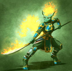 Size: 2375x2328 | Tagged: safe, artist:mykegreywolf, tianhuo (tfh), longma, anthro, unguligrade anthro, them's fightin' herds, armor, clothes, community related, female, fire, high res, request, requested art, solo