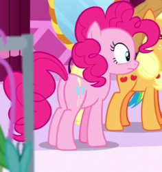 Size: 356x377 | Tagged: safe, screencap, applejack, pinkie pie, pony, g4, the saddle row review, butt, cropped, female, mare, plot