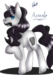 Size: 1748x2480 | Tagged: safe, artist:elaineuri, oc, oc only, oc:azrael, pony, coffin, cutie mark, facial hair, long mane, simple background, solo