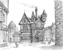 Size: 1500x1197 | Tagged: safe, artist:baron engel, pony, a hearth's warming tail, g4, architecture, grayscale, house, monochrome, pencil drawing, scenery, scenery porn, simple background, snow, snowfall frost's house, traditional art, white background