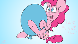 Size: 1920x1080 | Tagged: safe, artist:platenjack, pinkie pie, earth pony, pony, g4, balloon, cute, female, giggling, gradient background, hug, mare, open mouth, silly, sitting, smiling, snorting, solo, that pony sure does love balloons, underhoof