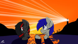 Size: 2560x1440 | Tagged: safe, artist:platenjack, oc, oc only, oc:big mean pumpkin king, oc:platen, pegasus, pony, duo, lighthouse, ocean, splashing, sunset, water