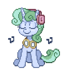 Size: 308x348 | Tagged: safe, artist:nauth, oc, oc only, oc:sweetwater, pony, unicorn, animated, beat, dancing, eyes closed, female, filly, gif, goggles, headbob, headphones, hoof tapping, mare, music, music notes, pixel art, simple background, sitting, sitting and dancing, smiling, solo, tail wag, transparent background, vibing