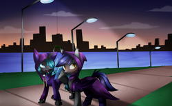 Size: 4500x2774 | Tagged: safe, artist:scarlet-spectrum, oc, oc only, oc:ichora, oc:noxavian, bat pony, changeling, pony, blushing, changeling oc, clothes, commission, duo, high res, hoodie, mistletoe, scenery, walking