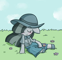 Size: 1624x1573 | Tagged: safe, artist:typhwosion, marble pie, earth pony, semi-anthro, g4, clothes, female, grass, hat, solo