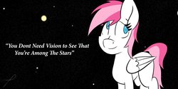 Size: 1264x632 | Tagged: safe, artist:platenjack, oc, oc only, oc:zavod, pegasus, pony, blind, inspirational, quote, solo, space